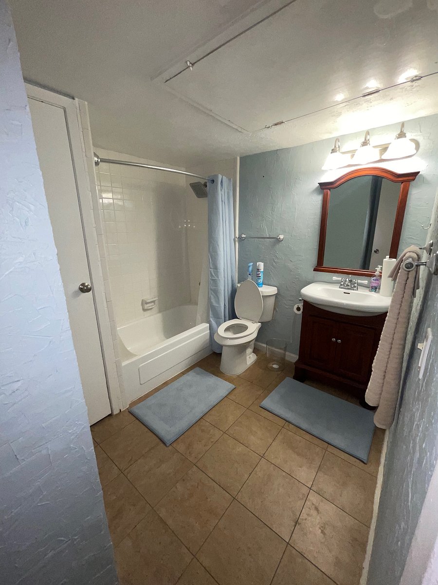 Shower, toilet, mirror, cabinet underneath, and closet for bathroom storage.