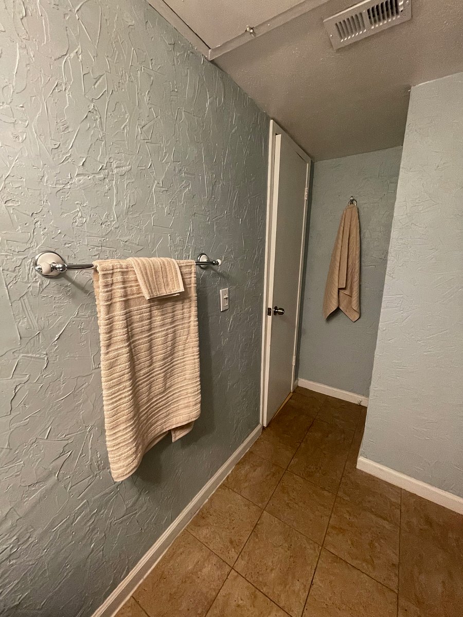 Towels and towel hook behind the bathroom door.