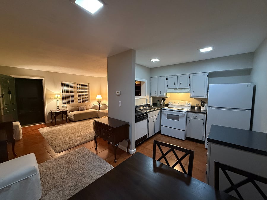 Full view of the living, dining, and kitchen area from hallway.  Plenty of space considering it is a 1 bedroom, 1 bathroom!