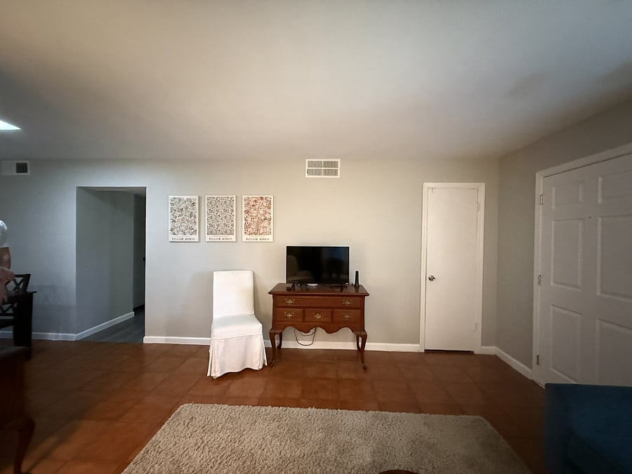 TV in living space has fire stick and antenna channels. Log in for your own streaming services!