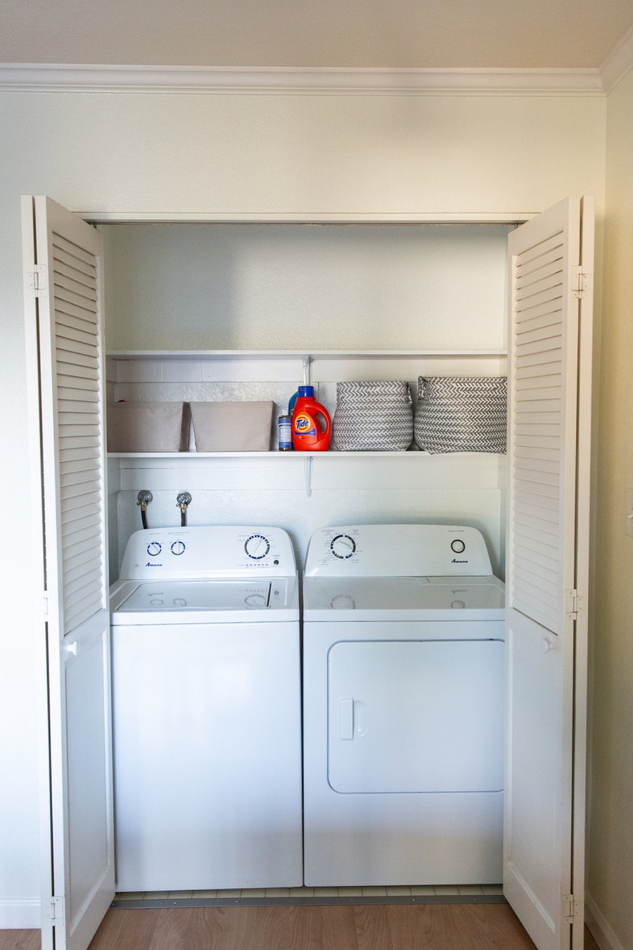 New washer/dryer and laundry essentials.