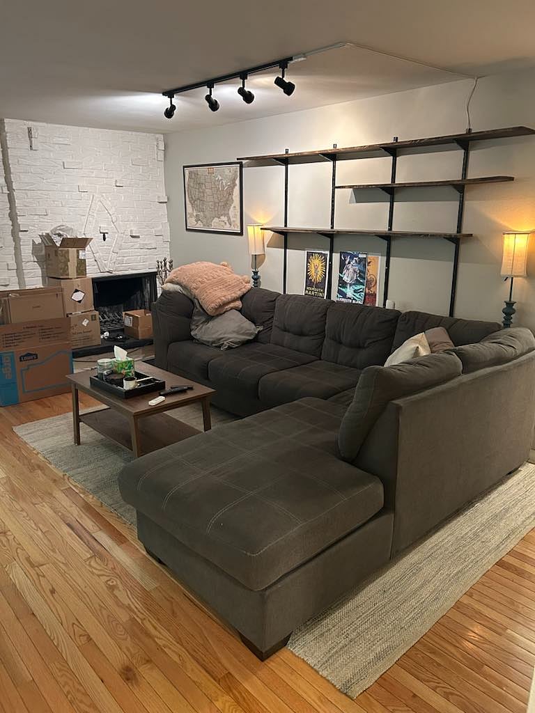 living room plus fireplace