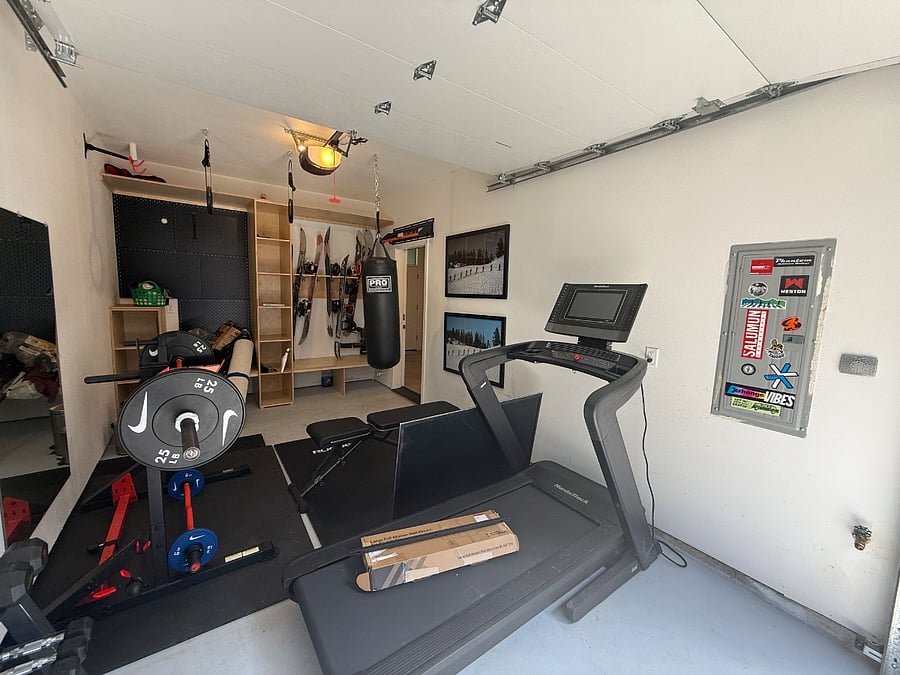 Private garage gym: treadmill, rack, dumbbells 5-45 lb