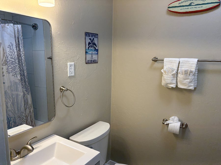 Full remodeled bathroom with hair dryer