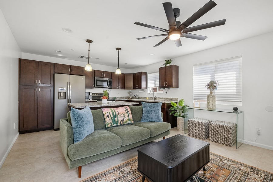 The private casita includes a full kitchen, cozy living space, and a clear view of the poolperfect for morning coffee or winding down at sunset.