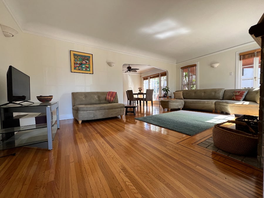 Living room with open plan to dining 