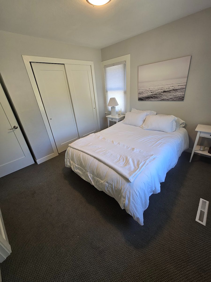 Queen Bed in front room with private bathroom / tub/shower