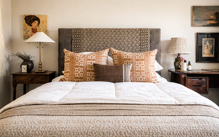 Private Bedroom: A quiet, thoughtfully designed bedroom with layered textures and a plush bed made for deep rest. Natural light and warm tones create a calm, private retreat, perfect after long workdays