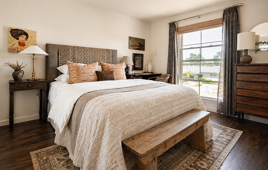 Private Bedroom: A quiet, thoughtfully designed bedroom with layered textures and a plush bed made for deep rest. Natural light and warm tones create a calm, private retreat, perfect after long workdays