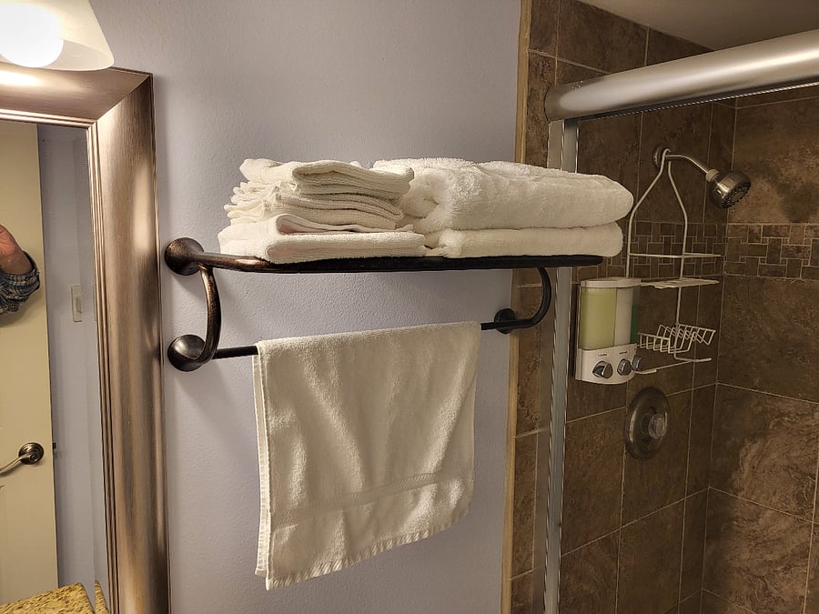shower and towel shelf in master