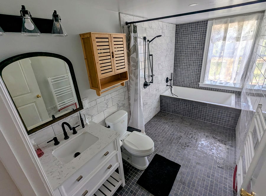 Luxury bathroom with shower and bath tub.
