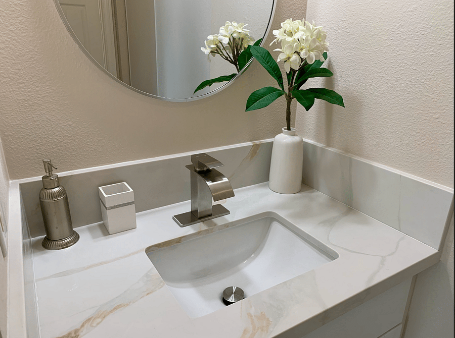 Brand new vanities, counter tops, and cabinets in the two bathrooms.