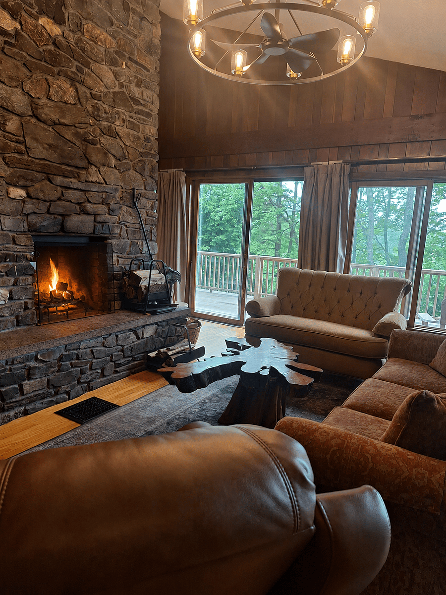 Living room featuring vaulted ceilings and double-sided fireplace into dining room.