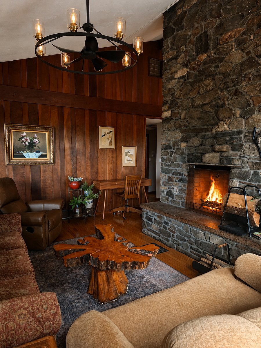 Living room featuring piano, original artwork, and richly colored wood-paneled walls.