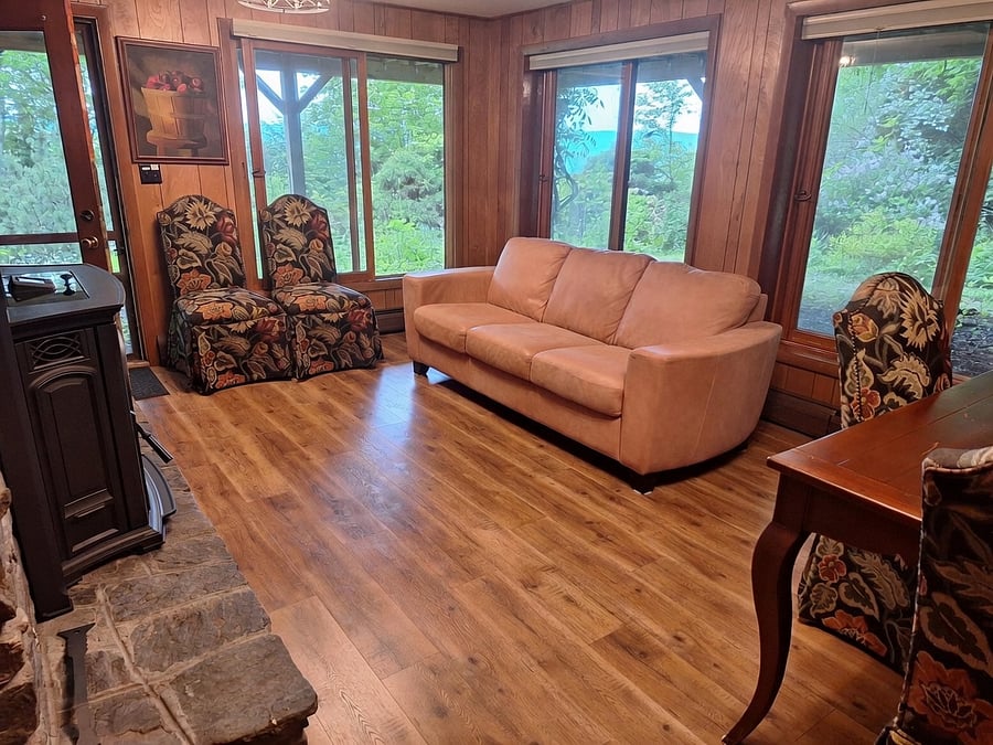 Lower-level den/living room with great views, garden entrance, and new pellet stove.