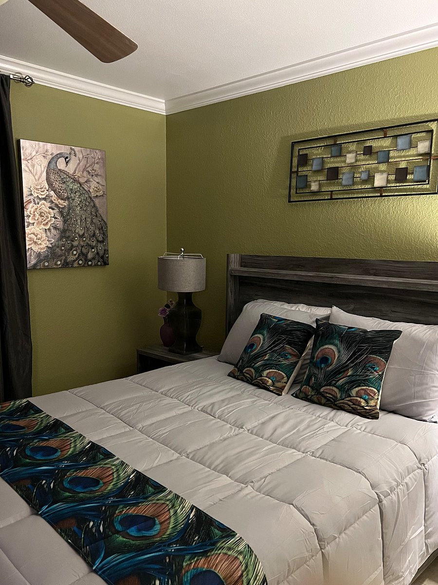Vibrant guest room with desk & peacock accents. and rug.