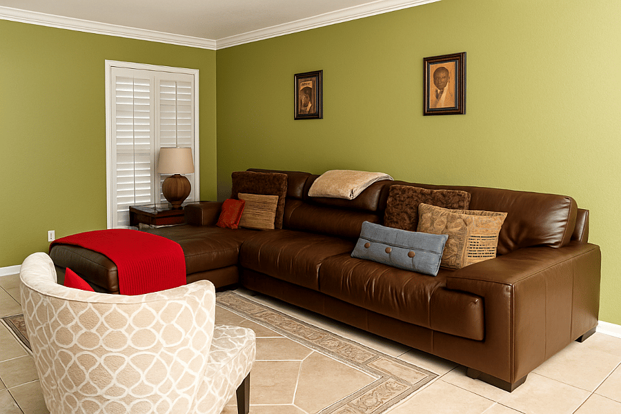 Living room with elegant leather sectional.