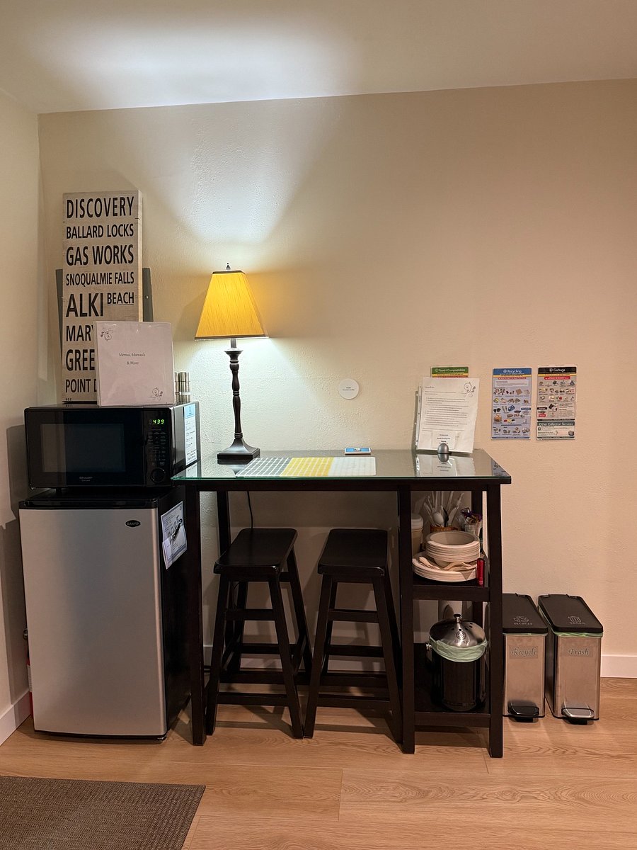 NOTE: This now features a standard (small) refrigerator. Photo to be updated soon. 
Kitchenette area: microwave, kitchen supplies