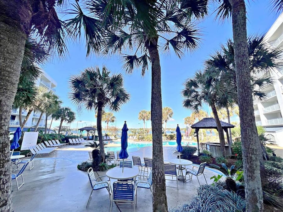 Umbrellas loungers, and plenty of shade by the pool