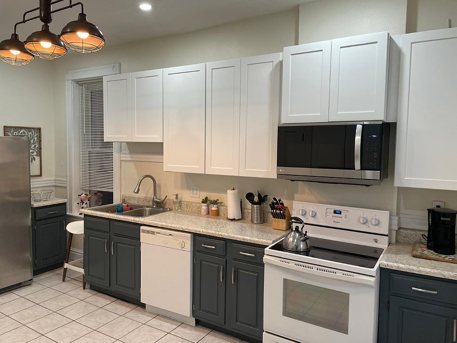 Brand new cupboards and stainless steel fridge and freezer with ice and filtered water dispenser.