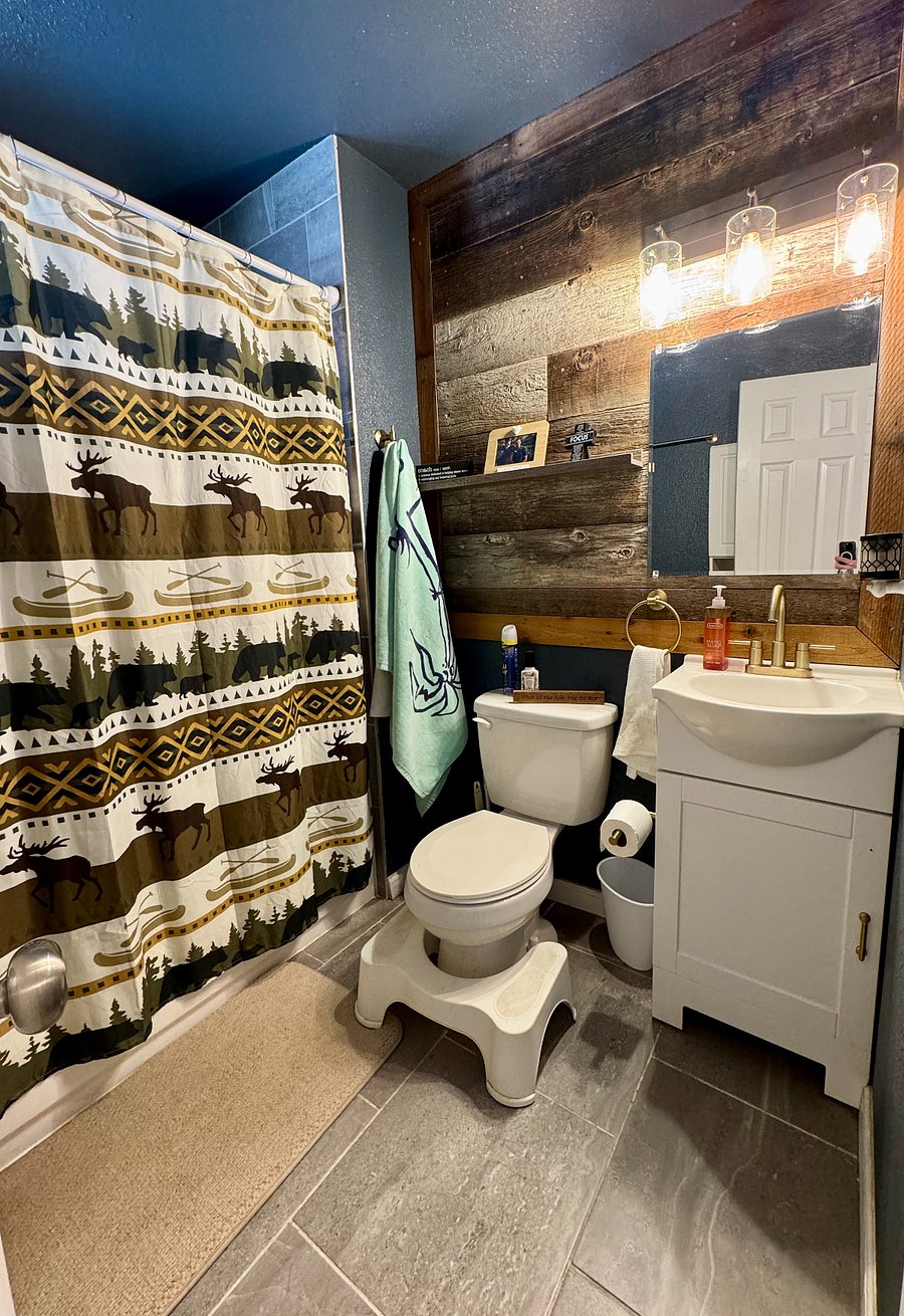 Full bath with reclaimed wood wall carried over.