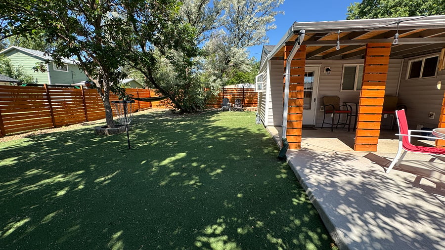 Full turf back yard with a disc golf basket and hammock