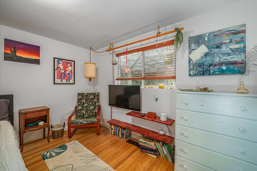 smart tv and view of back patio/yard. 