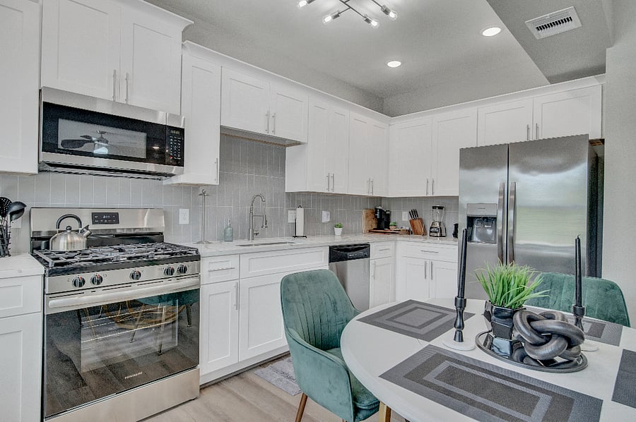 A close-up view of the new full-size, stainless-steel appliances and other kitchen amenities.
