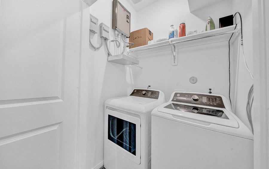 Full size smart washer and dryer, along with an iron, cleaning towels, and just enough laundry supplies to get you started are included.