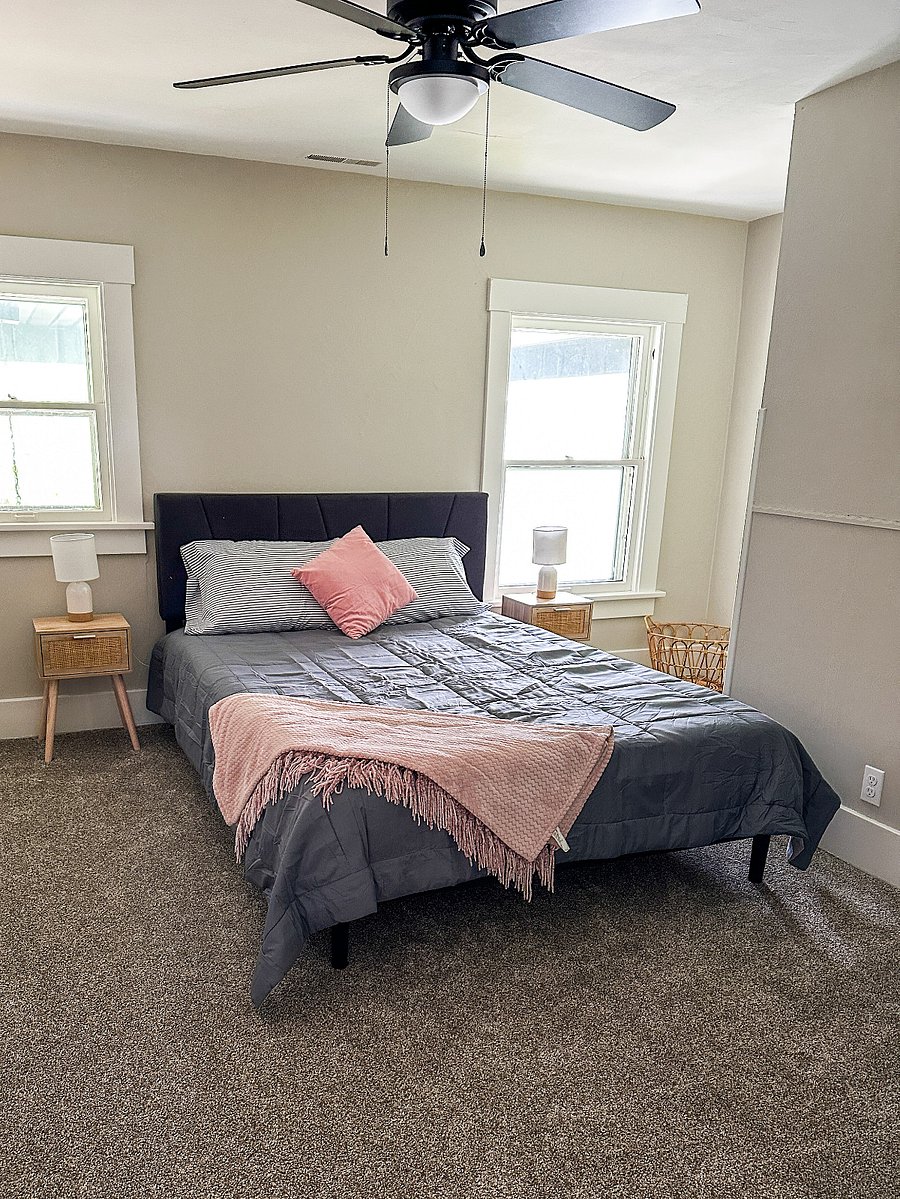 Bedroom 2: Queen Bed, ceiling fan, private closet.