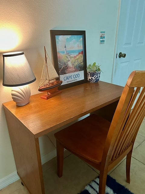 A nice desk for work, or eating a meal. This room is spacious, and has several dedicated spaces for it to feel like home. 
