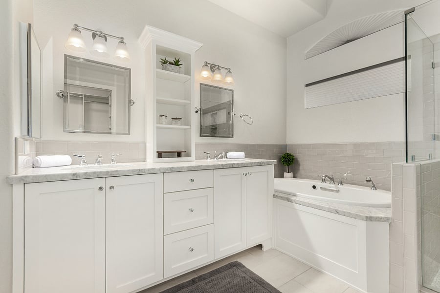 Primary bathroom with duel sinks and soaking tub