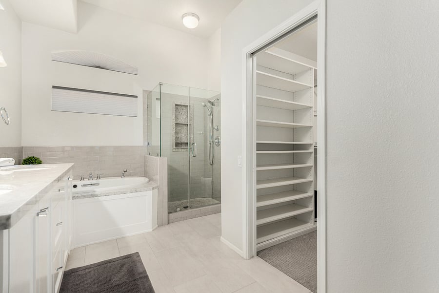 Primary bathroom with tub, stand-up shower, and walk-in closet