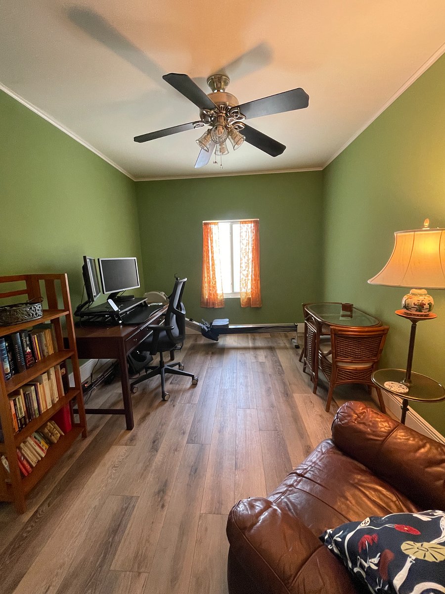 office with adjustable standing desk and Concept 2 rower with PM5 display