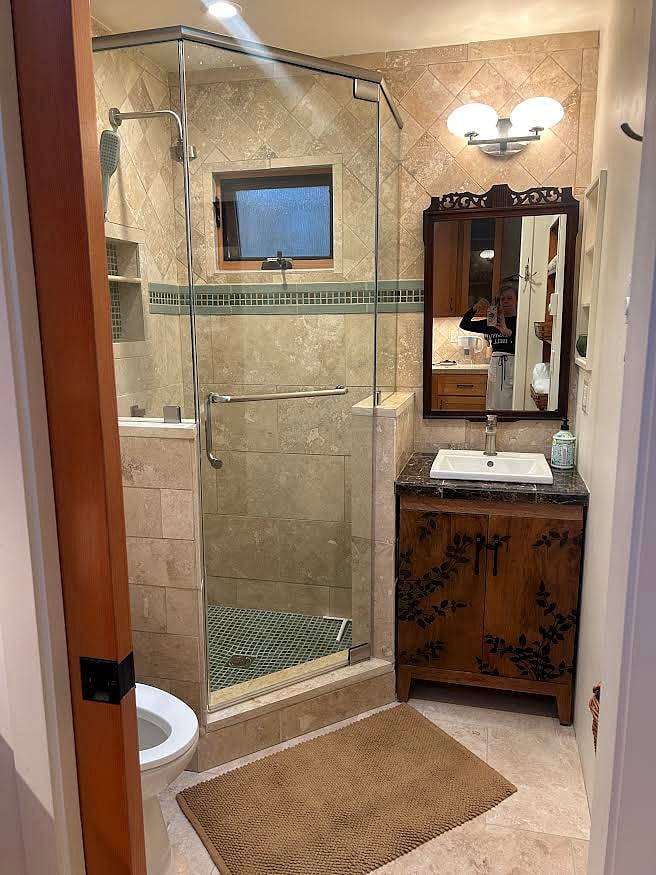 Comfortable bathroom. I did all of the tile work!
