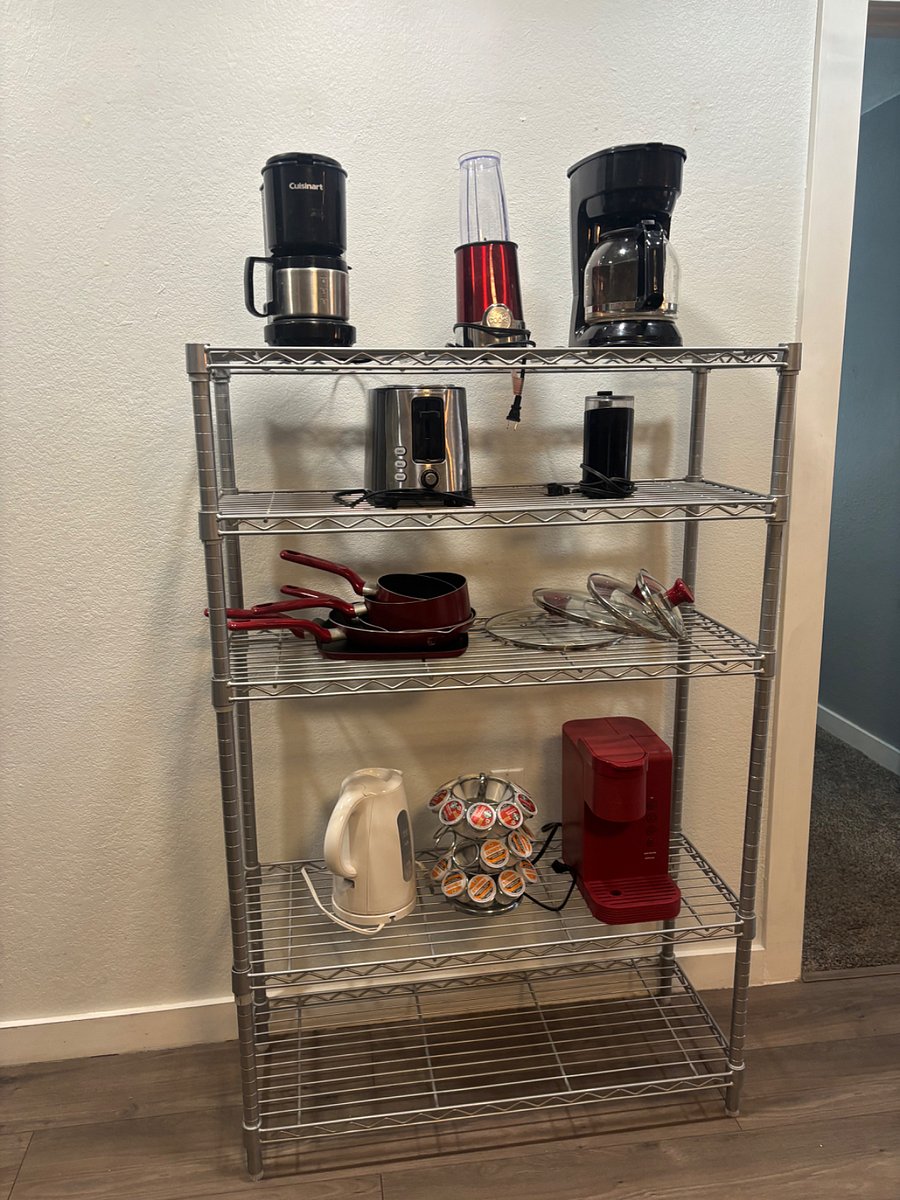 Pots and pans, toaster, microwave, coffee maker and more.