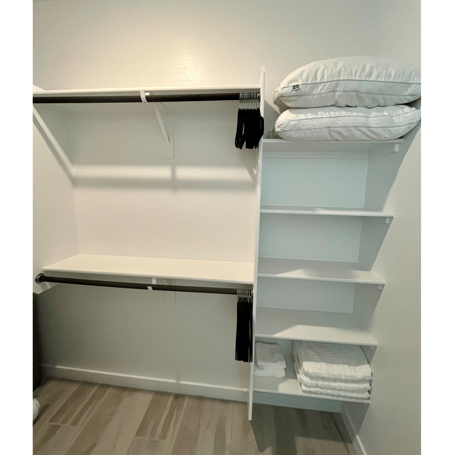 Walk-in closet, complete with hangers, extra pillows, laundry hamper, clothes steamer.