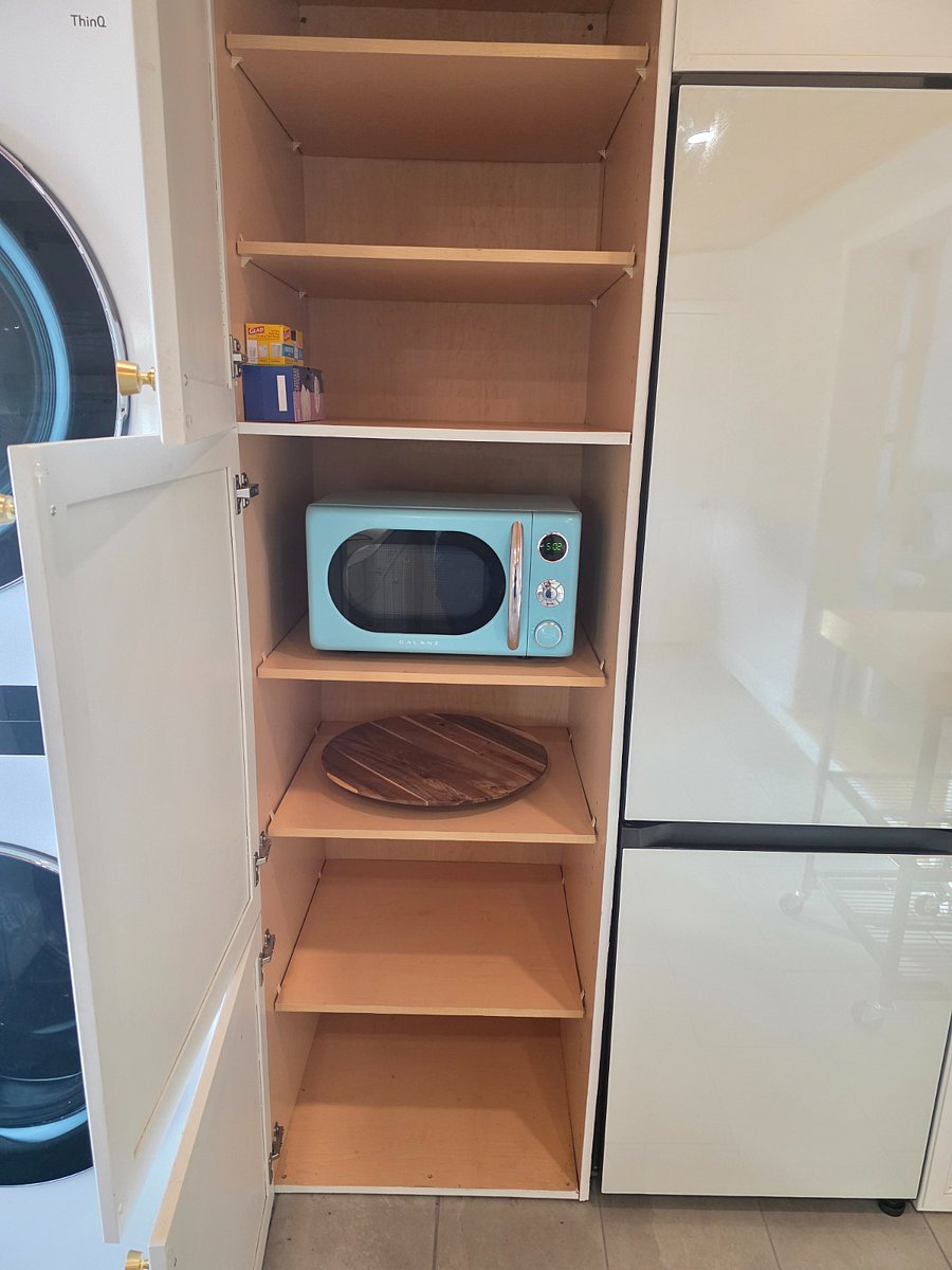 Retro Galanz 0.7 cu. ft. microwave, and acacia wood lazy Susan
