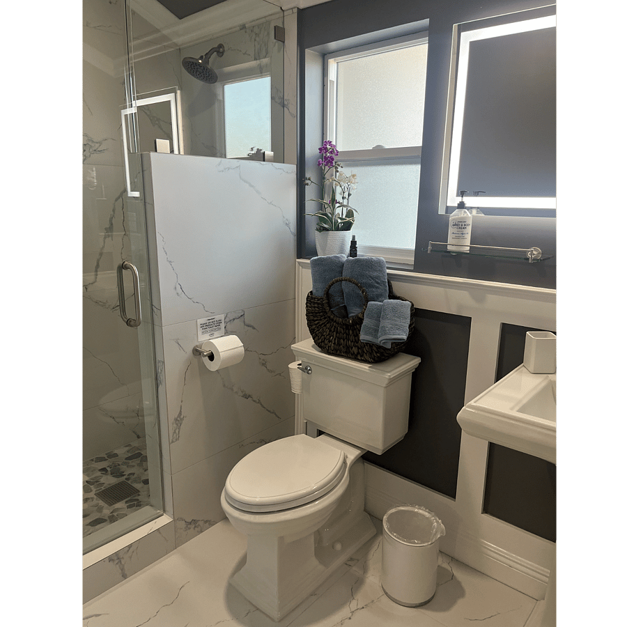 Spotless restroom and shower.