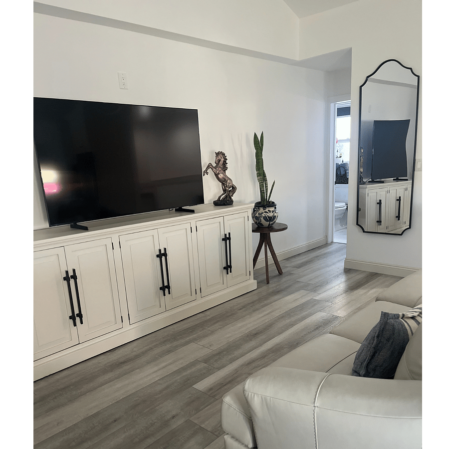 65 inch smart TV, Comfortable leather sofa that converts to a queen size bed.