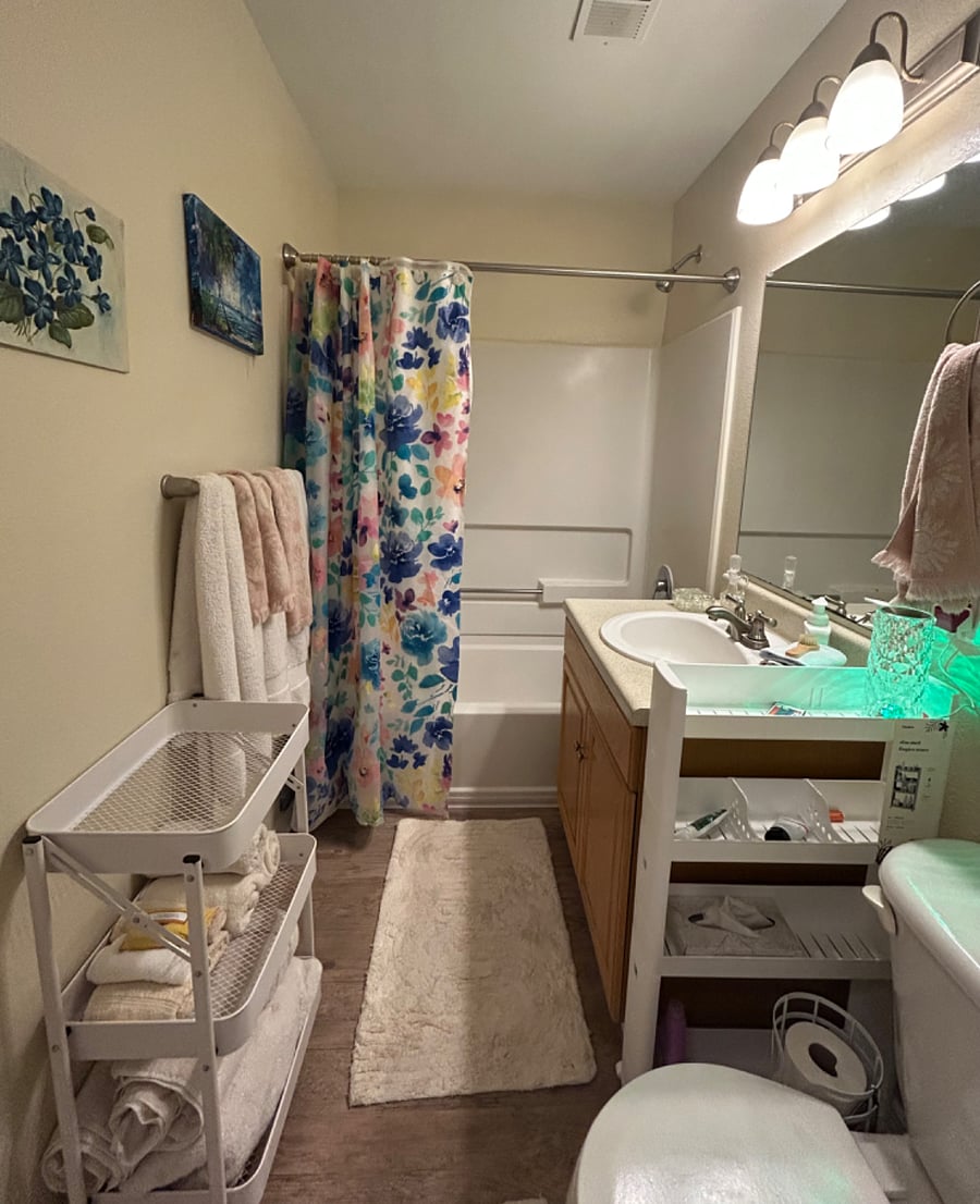 The private guest bathroom is fully stocked with 2 sets of towels .hand towels and washcloths, TP, soap hand wash and lotion to get you started. and a blow dryer.