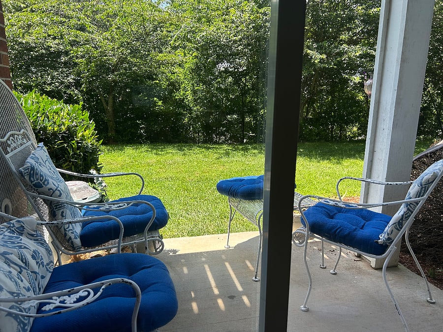 Patio with a nice natural veiw and the spacious yard of the corner unit.