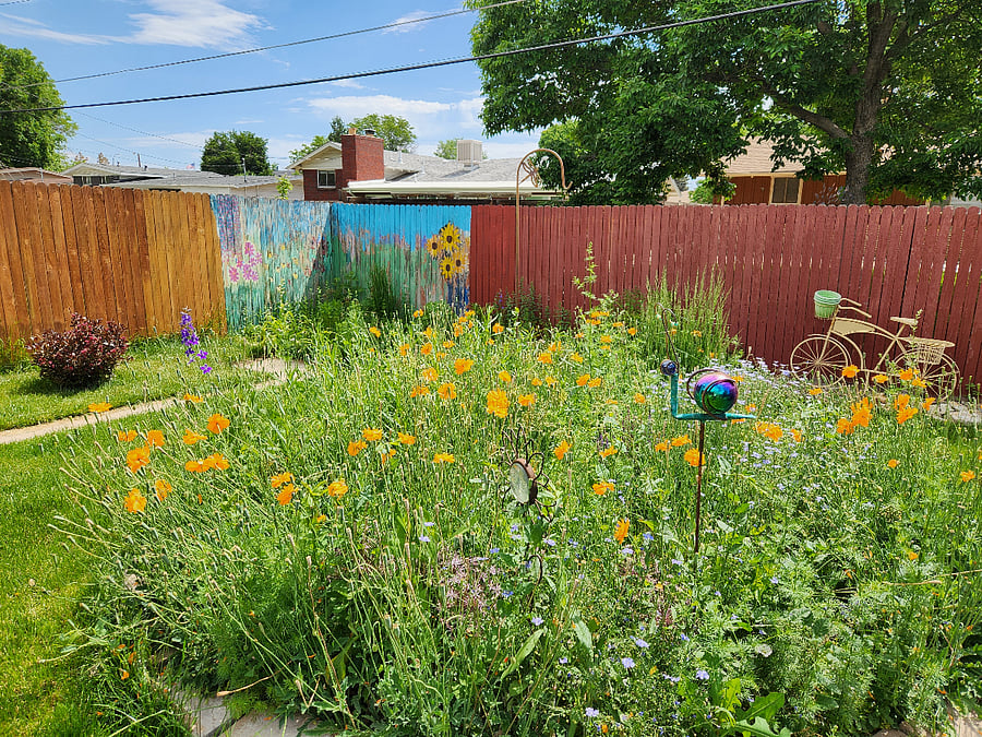 Gaze upon backyard flower beds from the pergola covered back patio