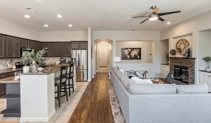Kitchen and living room to front door