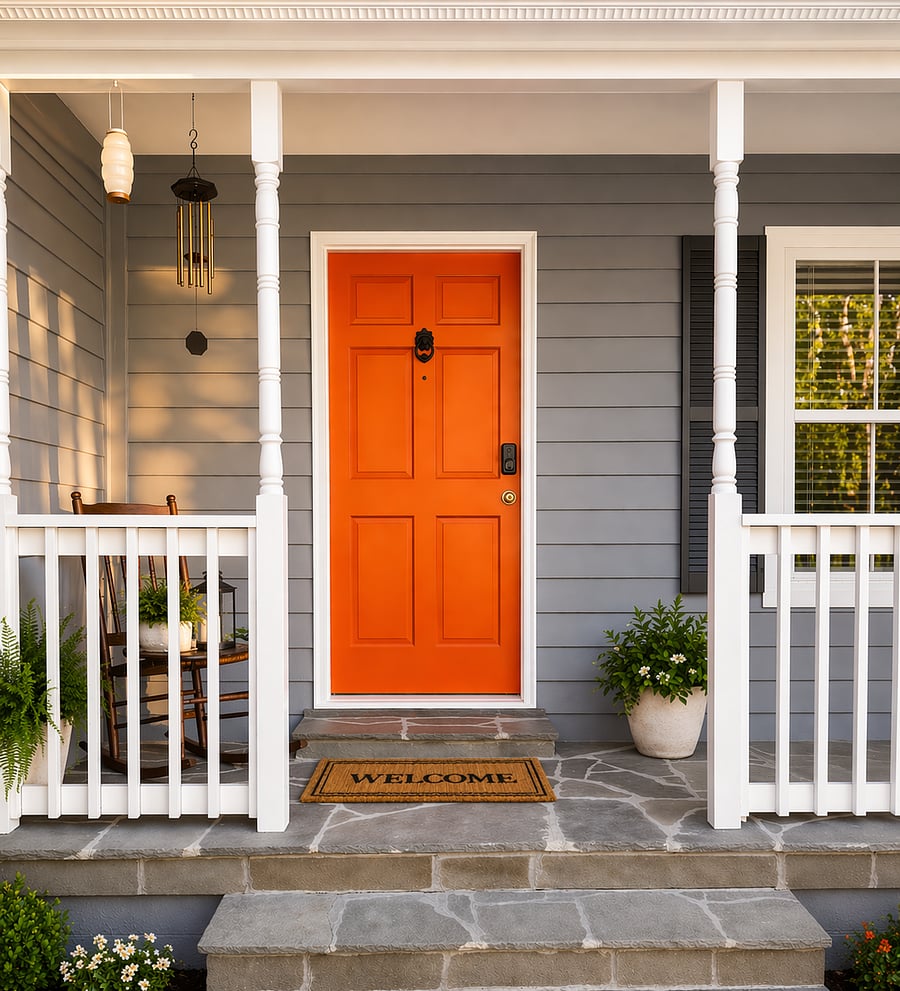 Welcoming front entrance with covered porch and signature orange door a warm first impression of the home.