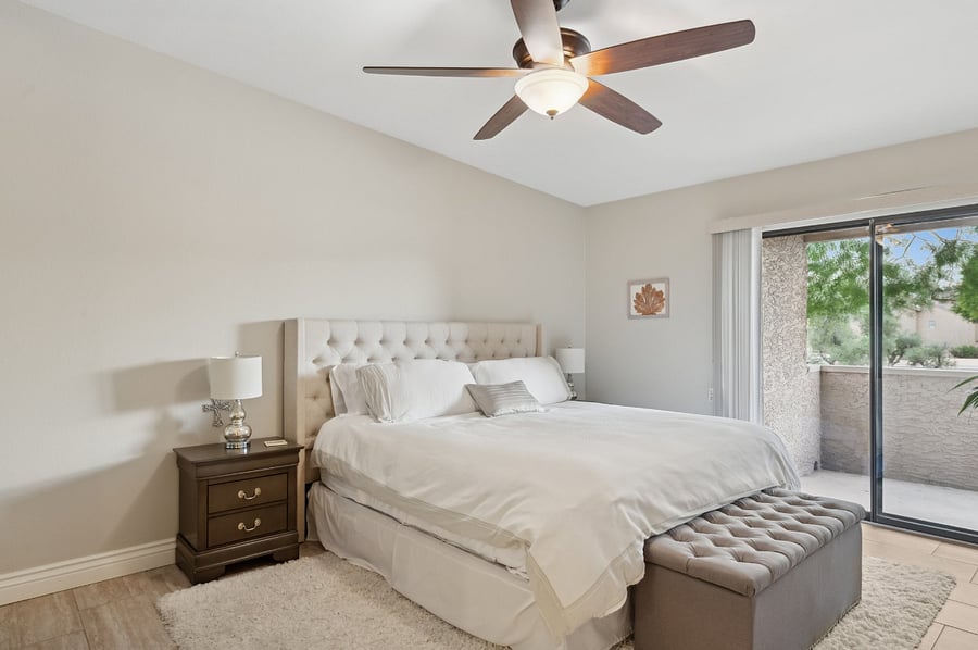 Master bedroom- Complete with private balcony, King bed, plenty of drawer and closet space, MASSIVE closet and shower with double sinks.
