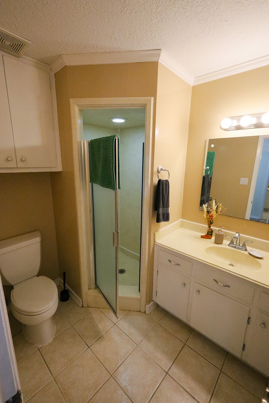 Bathroom with walk-in shower and large vanity, this is an older image of the shower.