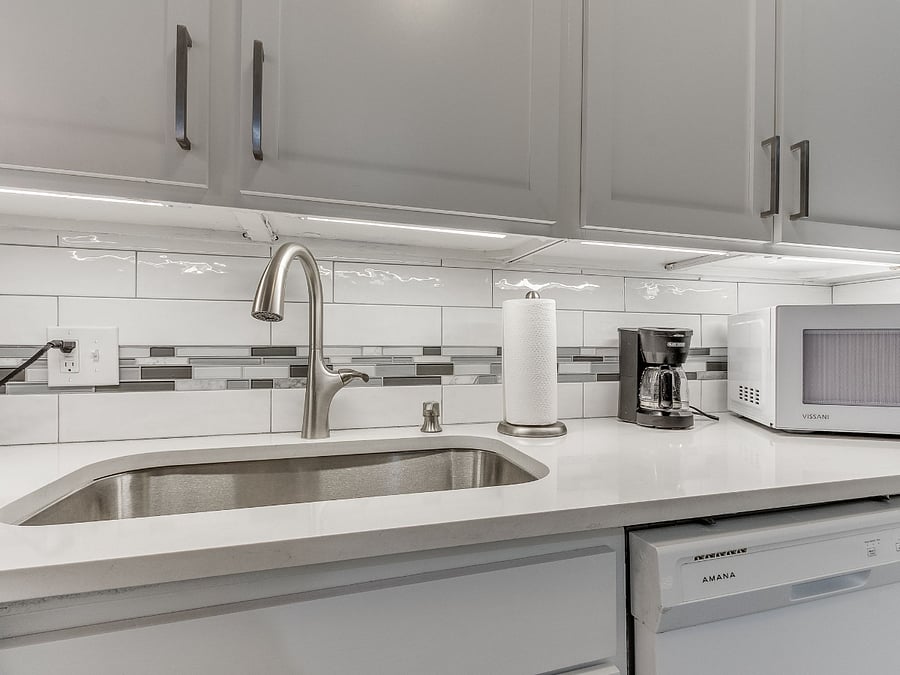 Beautifully renovated kitchen fully stocked with dishes, glasses, cookware, bakeware, etc.