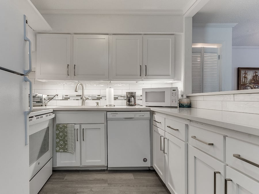 Beautifully renovated kitchen fully stocked with dishes, glasses, cookware, bakeware, etc.