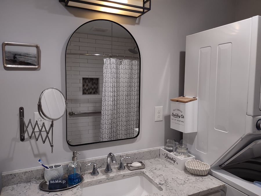 A wheelchair easily fits and rotates in this bathroom.